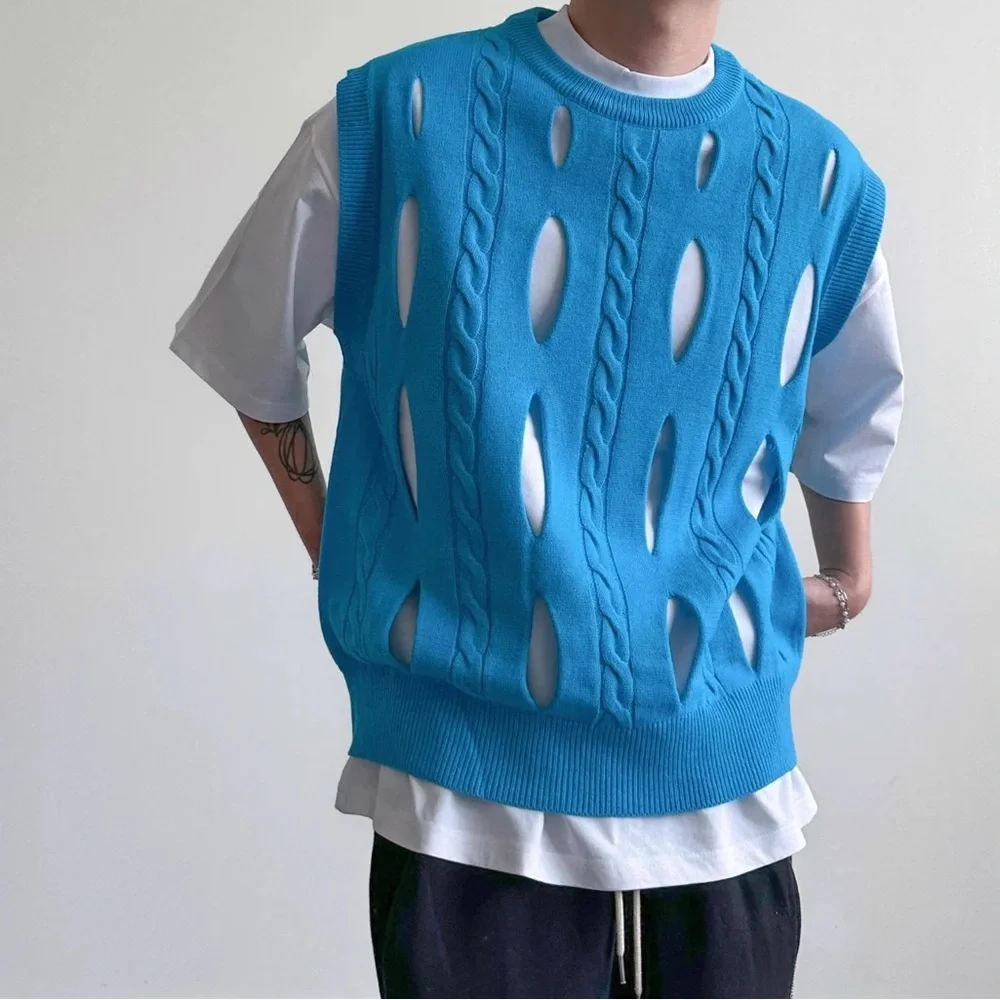 kfashion blue sweater vest - bright cable knit perforations holes - XL like new